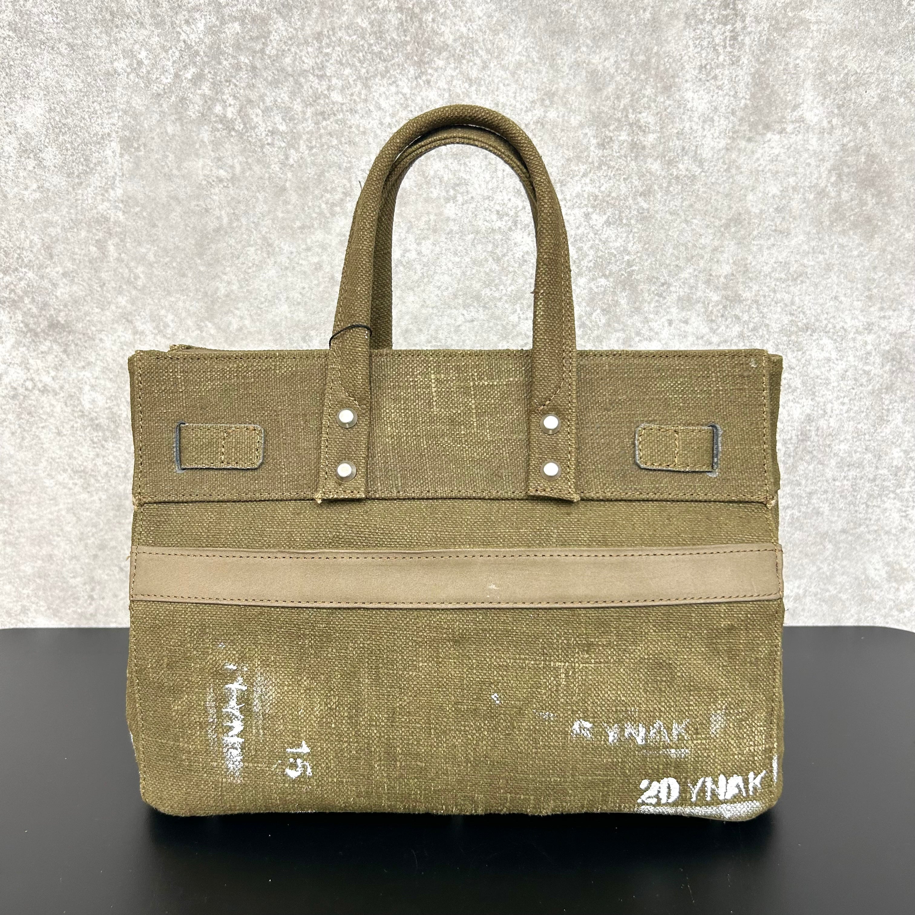 【MUL063】stud series tote S vintage remake fabic　カーキ　ペイント有り　ホワイトライン入り　※7/2〜7/12より事務所から順次発送予定