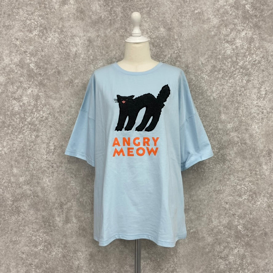 ANGRY ネコ刺繍 BIG Tシャツ -サックスブルー-　※7/16~22より順次発送予定