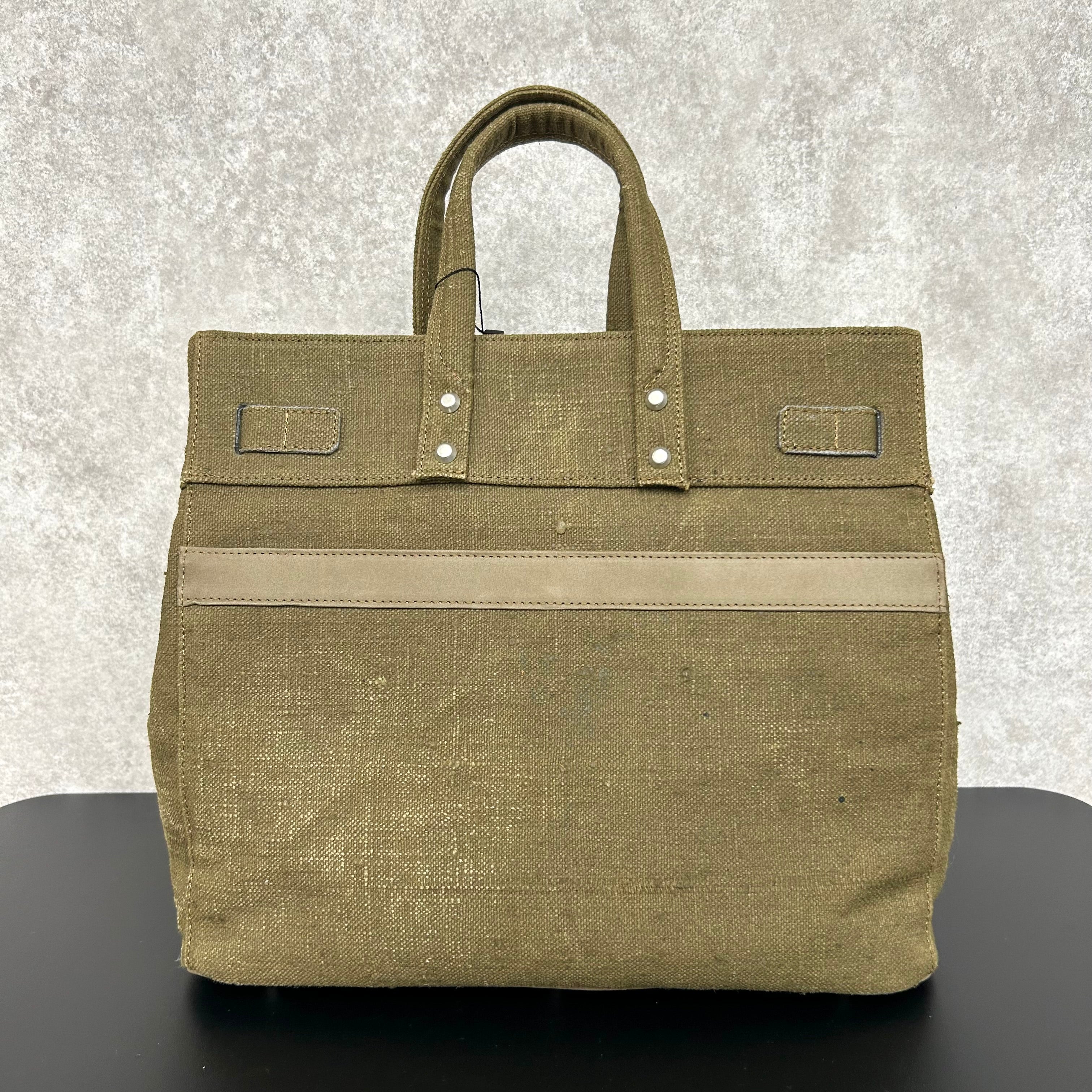 【MUL064】stud series tote　M　 vintage remake fabic　カーキ　ペイントあり　ホワイトライン入り[2箇所]　※7/2〜7/12より事務所から順次発送予定