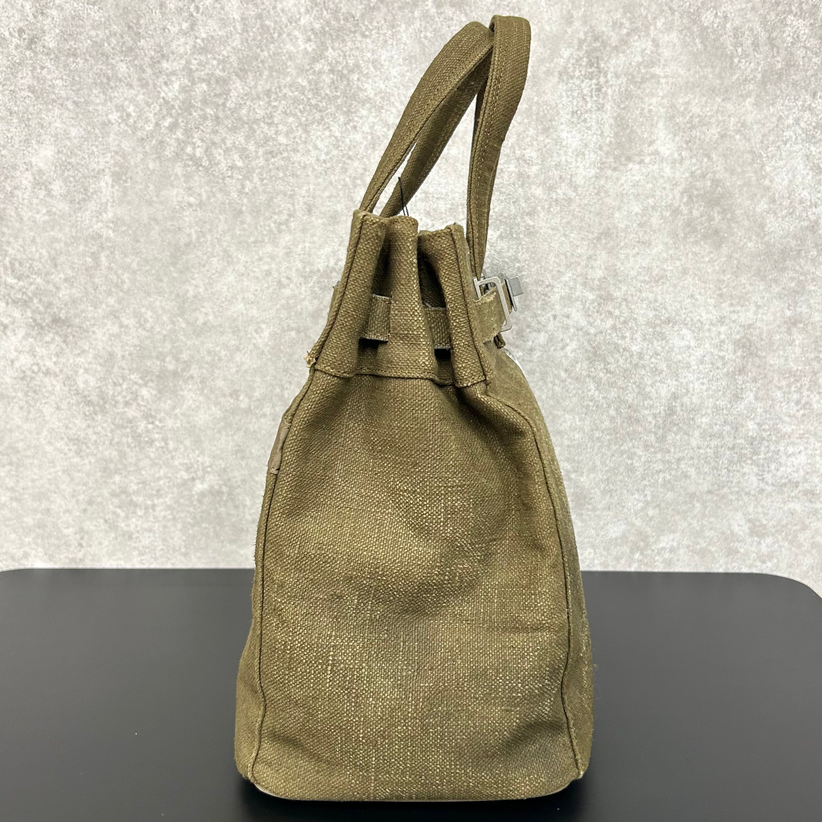 【MUL064】stud series tote　M　 vintage remake fabic　カーキ　ペイントあり　ホワイトライン入り[2箇所]　※7/2〜7/12より事務所から順次発送予定
