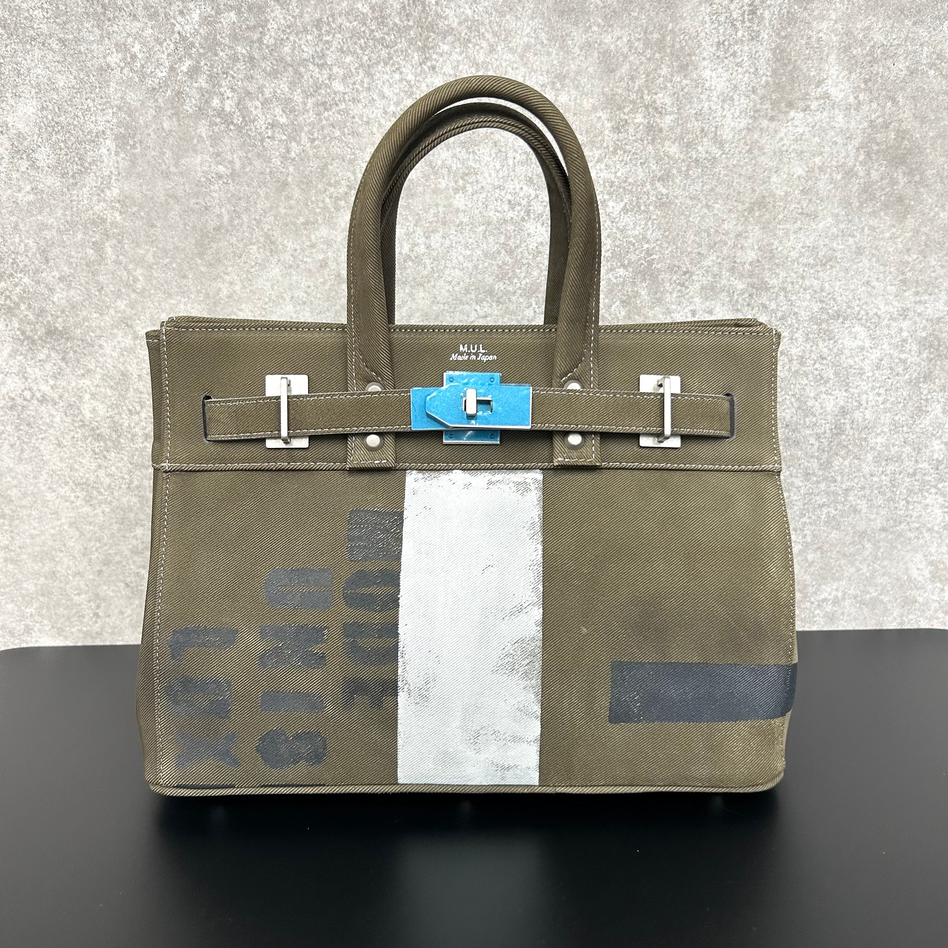 【MUL063】stud series tote S 　デニムレザー　カーキ　ホワイトライン入り　※7/2〜7/12より事務所から順次発送予定