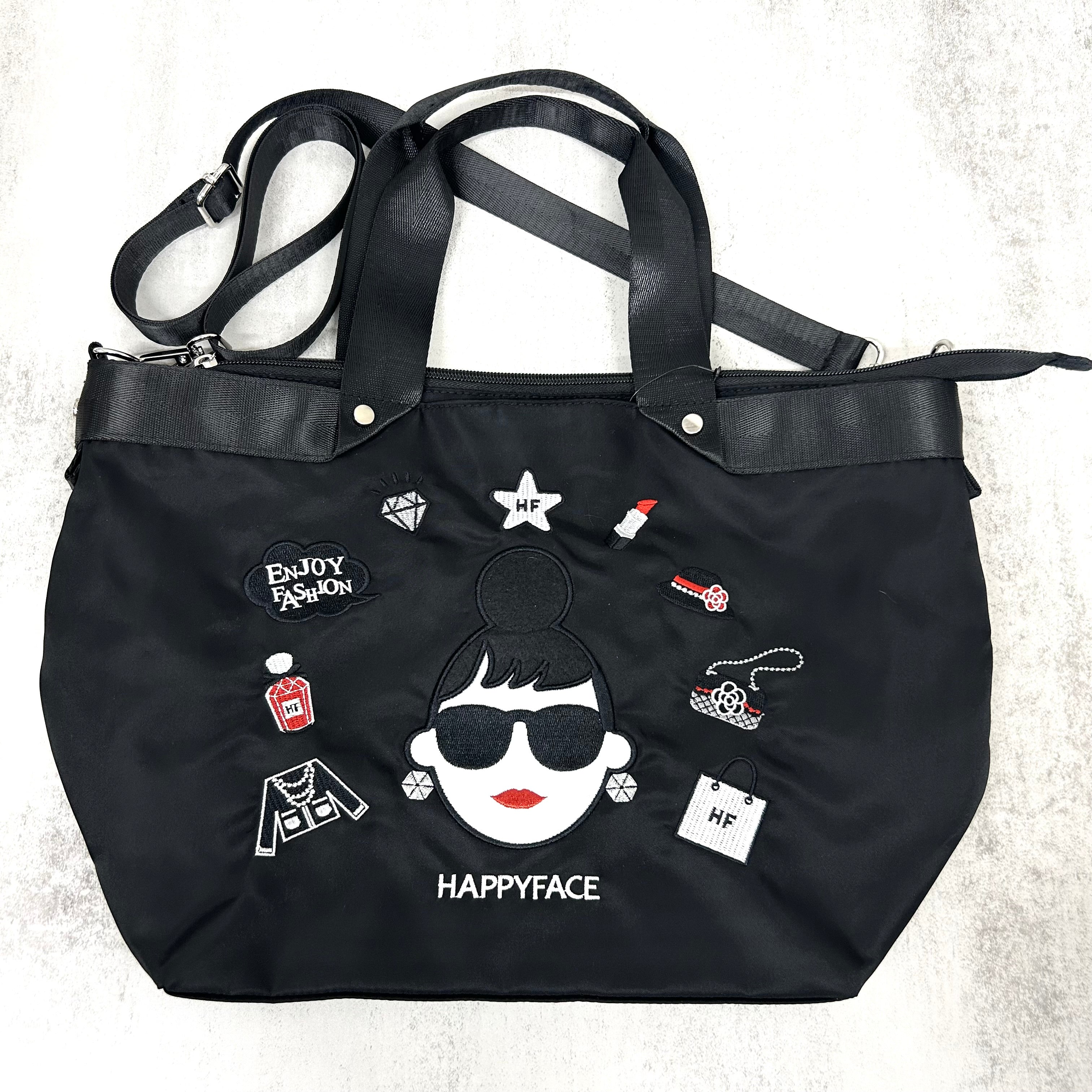 【HAPPYFACE】エマ フェイス刺繍2wayショルダートートバッグ(大)　ブラック　※5/14〜20頃より順次発送予定