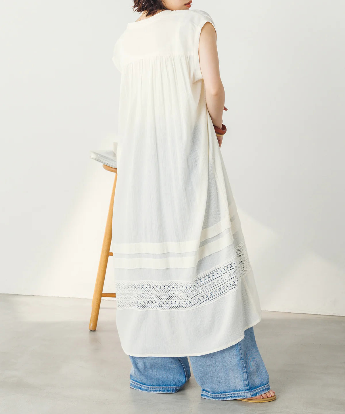 【hunch】コットンクレープ×レース フレンチスリーブワンピース　-アイボリー-　※3/19~25迄に順次発送予定