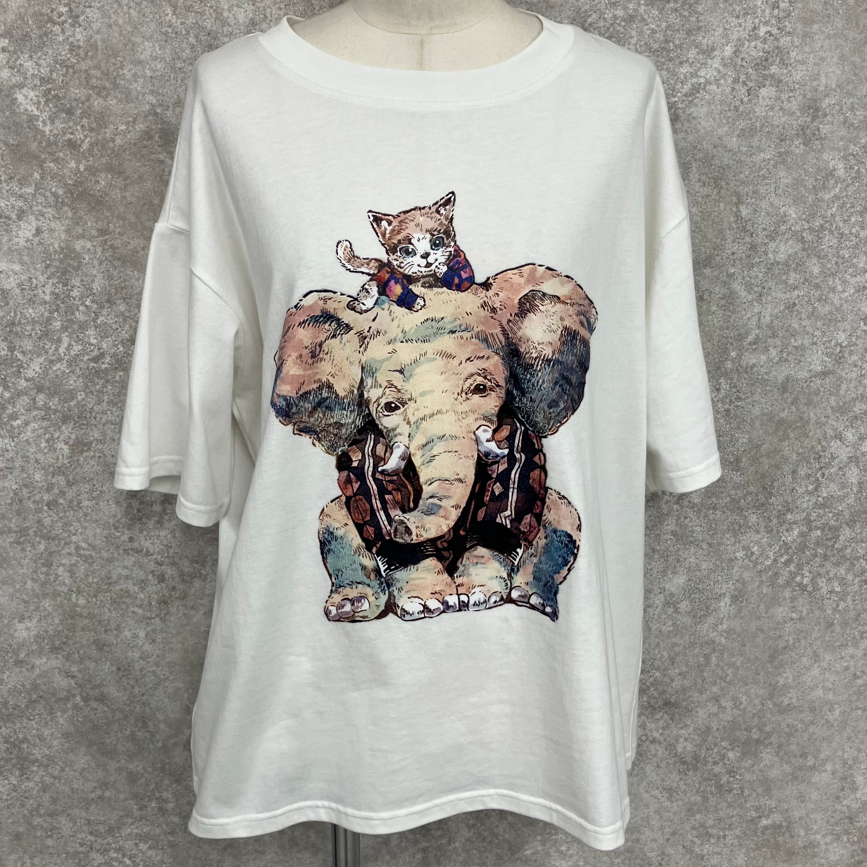 ぞうねこプリントTシャツ　-オフホワイト-　※7/23-29迄に順次発送予定