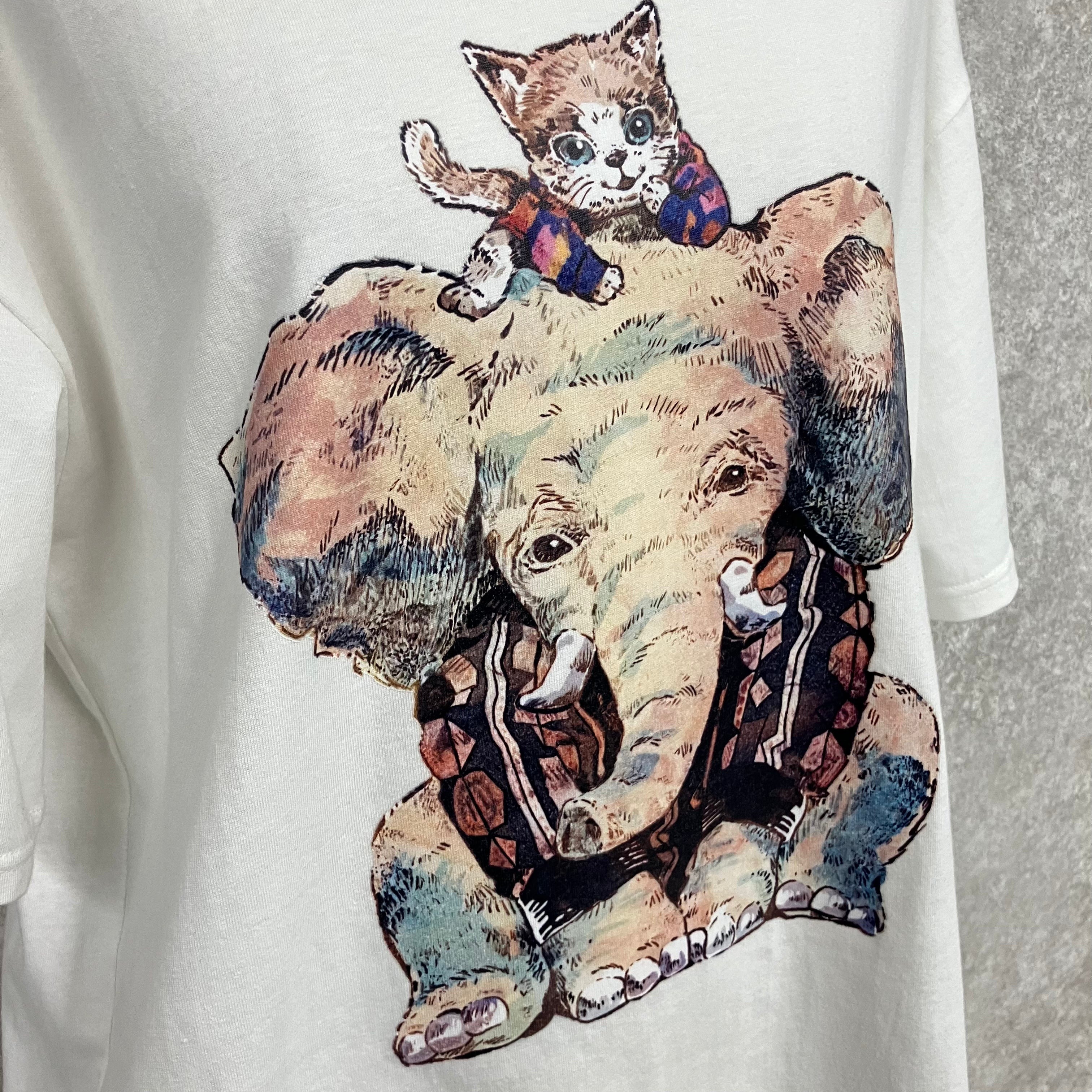 ぞうねこプリントTシャツ　-オフホワイト-　※7/23-29迄に順次発送予定