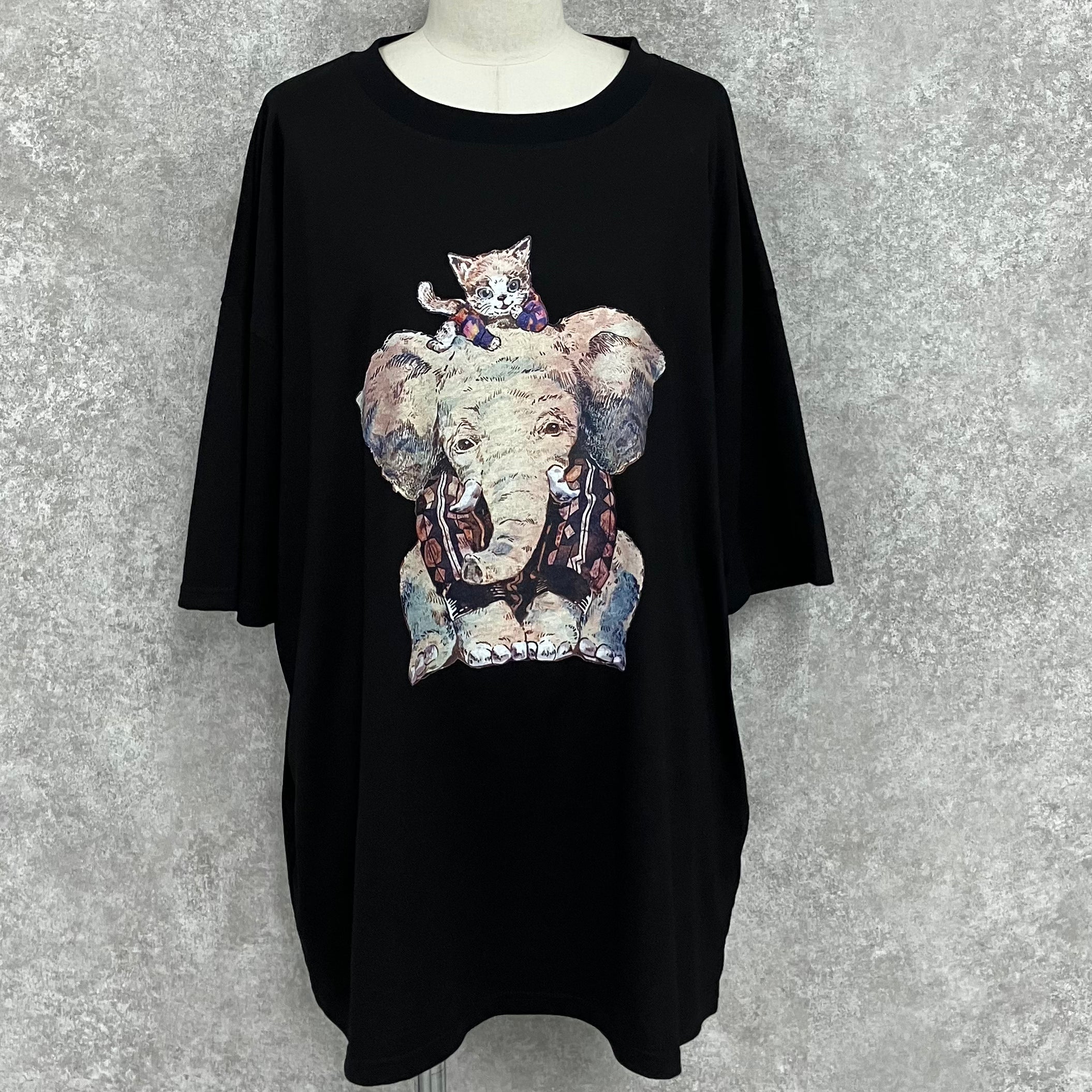 ぞうねこプリントTシャツ　-ブラック-　※7/23-29迄に順次発送予定