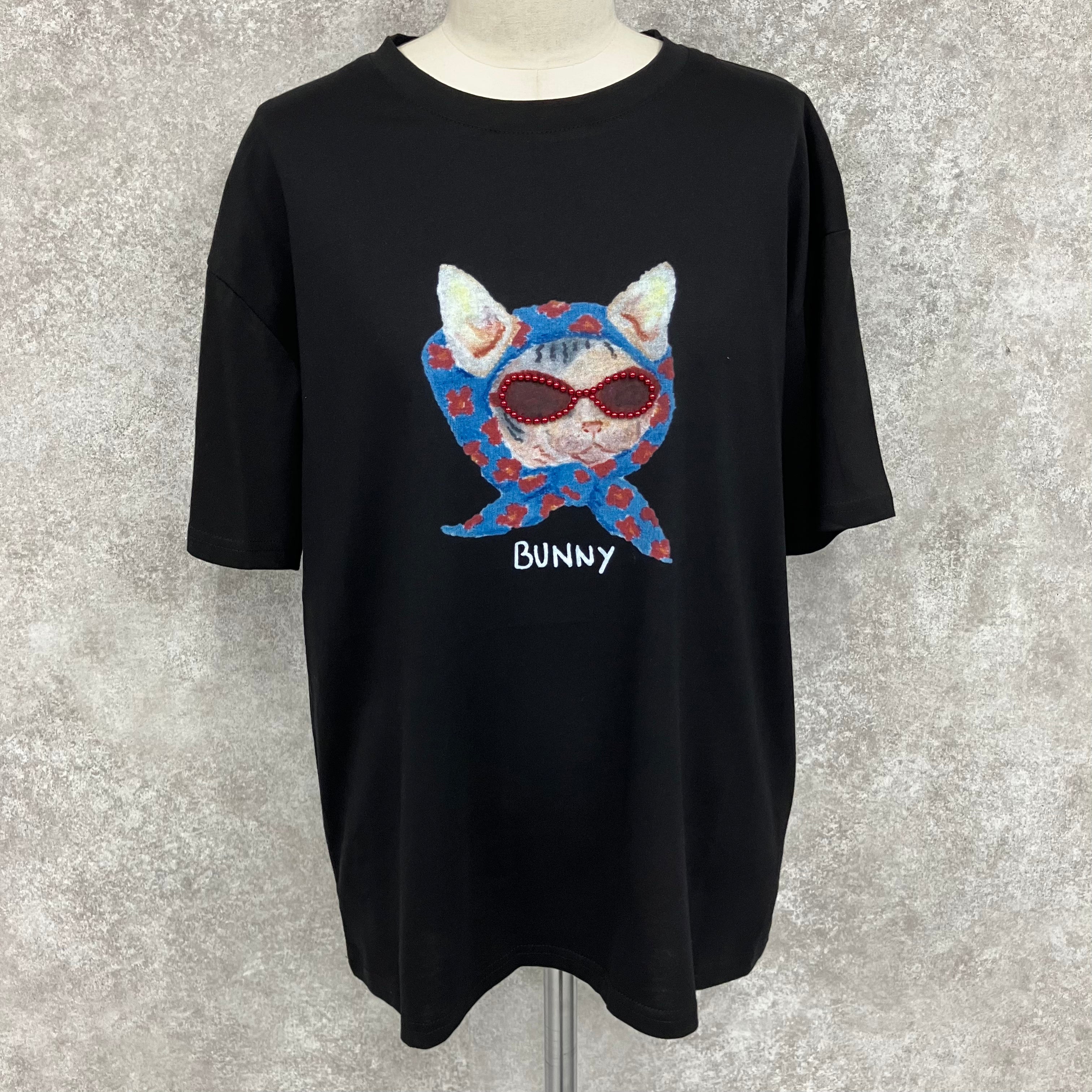 ビーズサングラスキャットTシャツ　-ブラック-　 ※7/30-8/5迄に順次発送予定