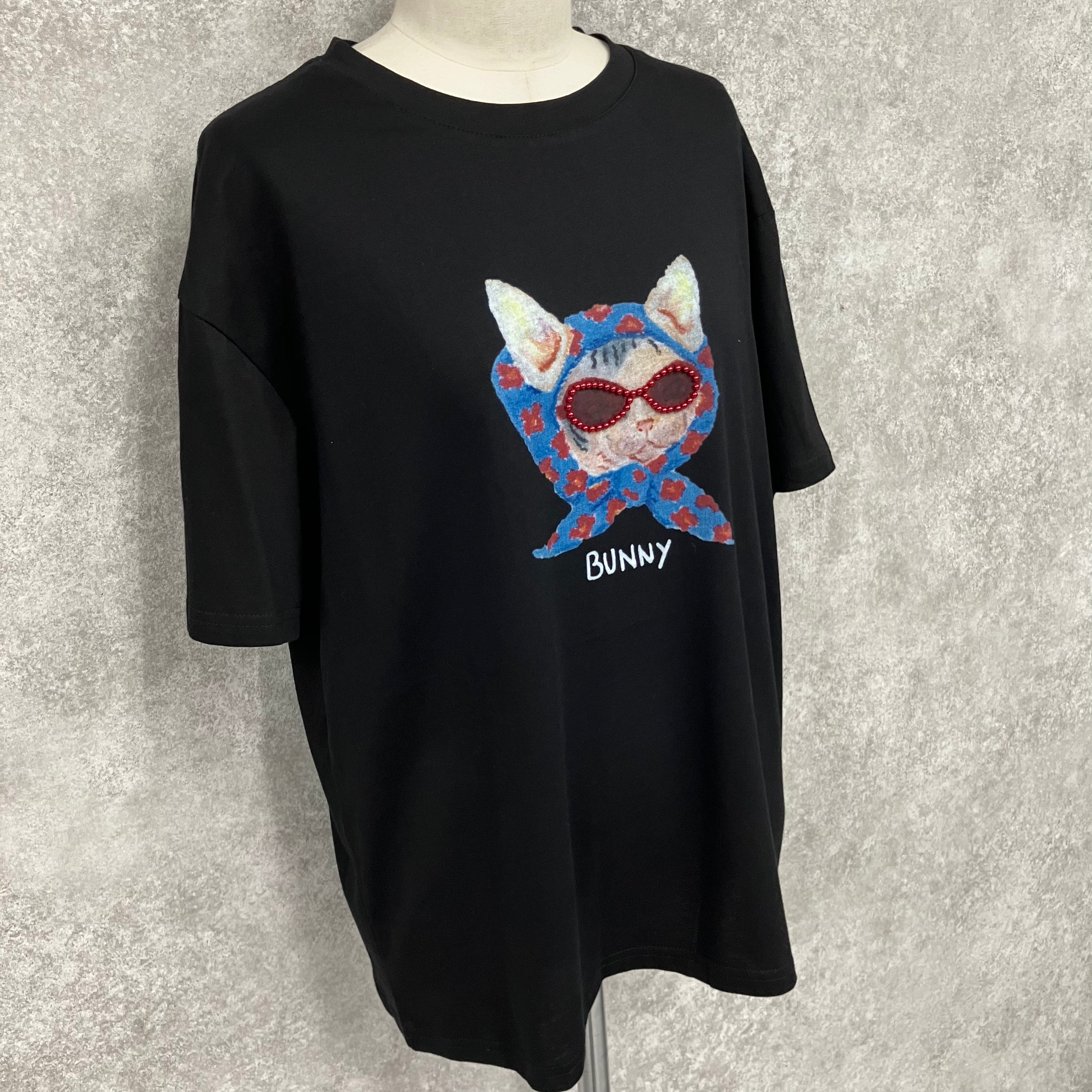 ビーズサングラスキャットTシャツ　-ブラック-　 ※7/30-8/5迄に順次発送予定