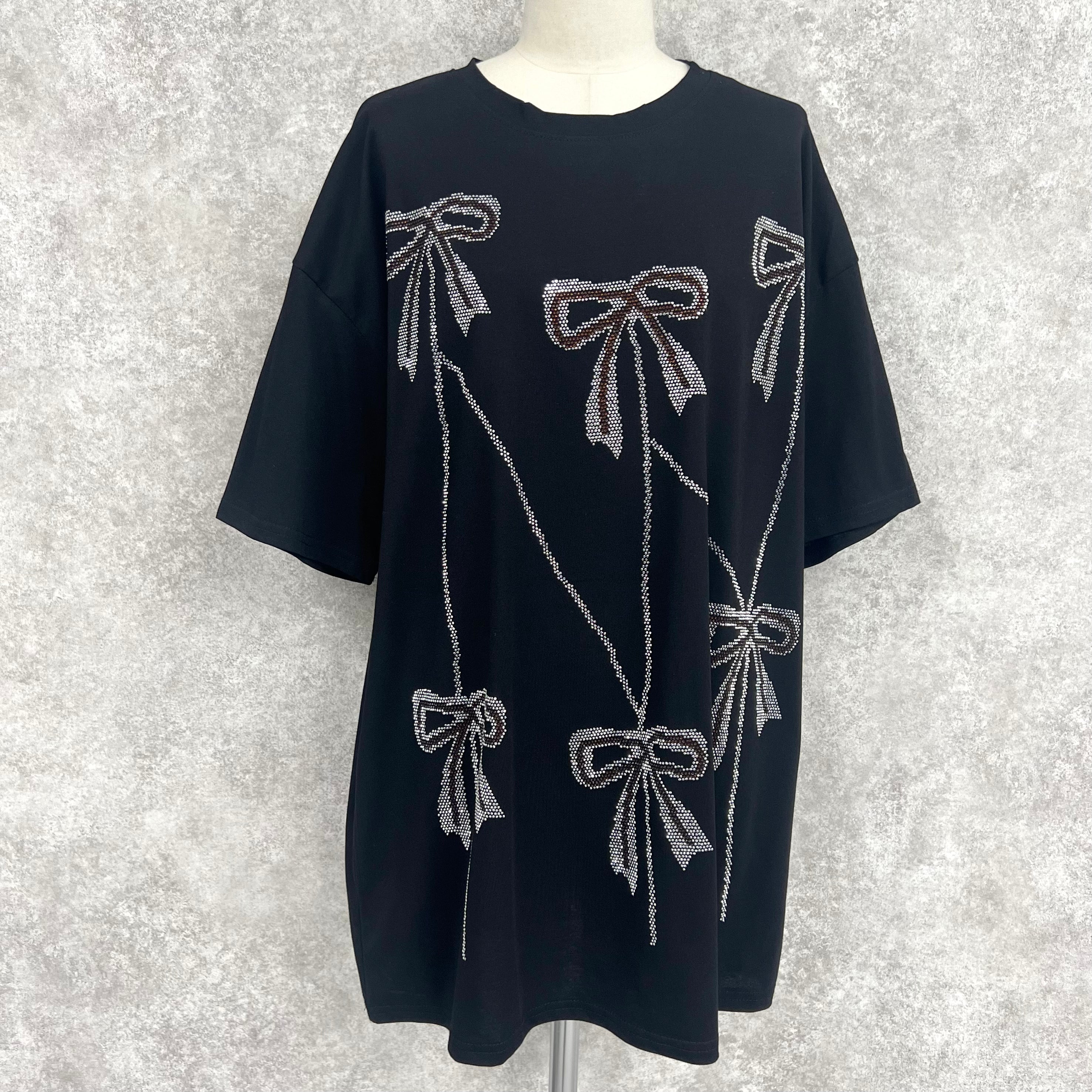 キラキラリボンビジューTシャツ　-ブラック-　※7/9〜15迄に順次発送予定