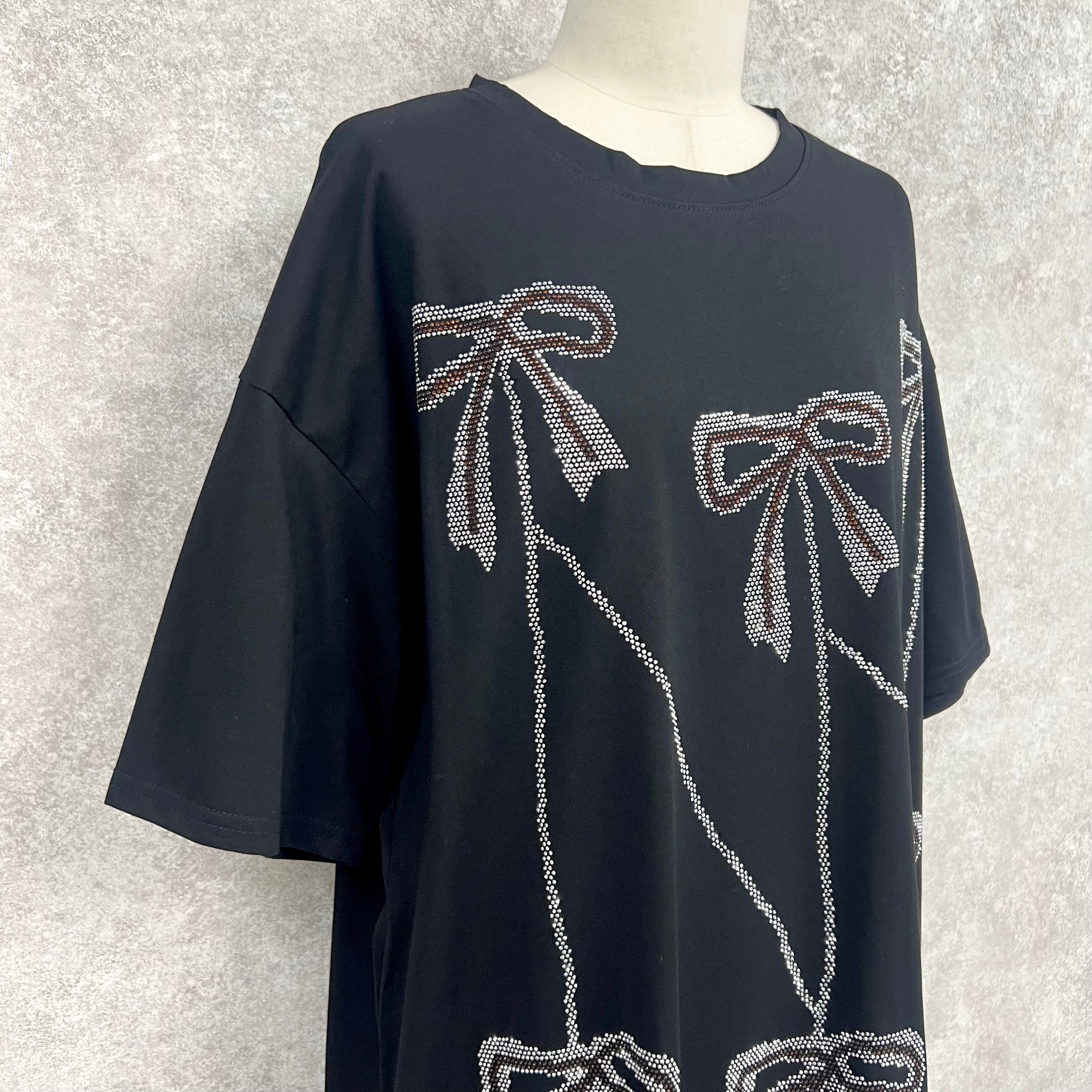 キラキラリボンビジューTシャツ　-ブラック-　※7/9〜15迄に順次発送予定
