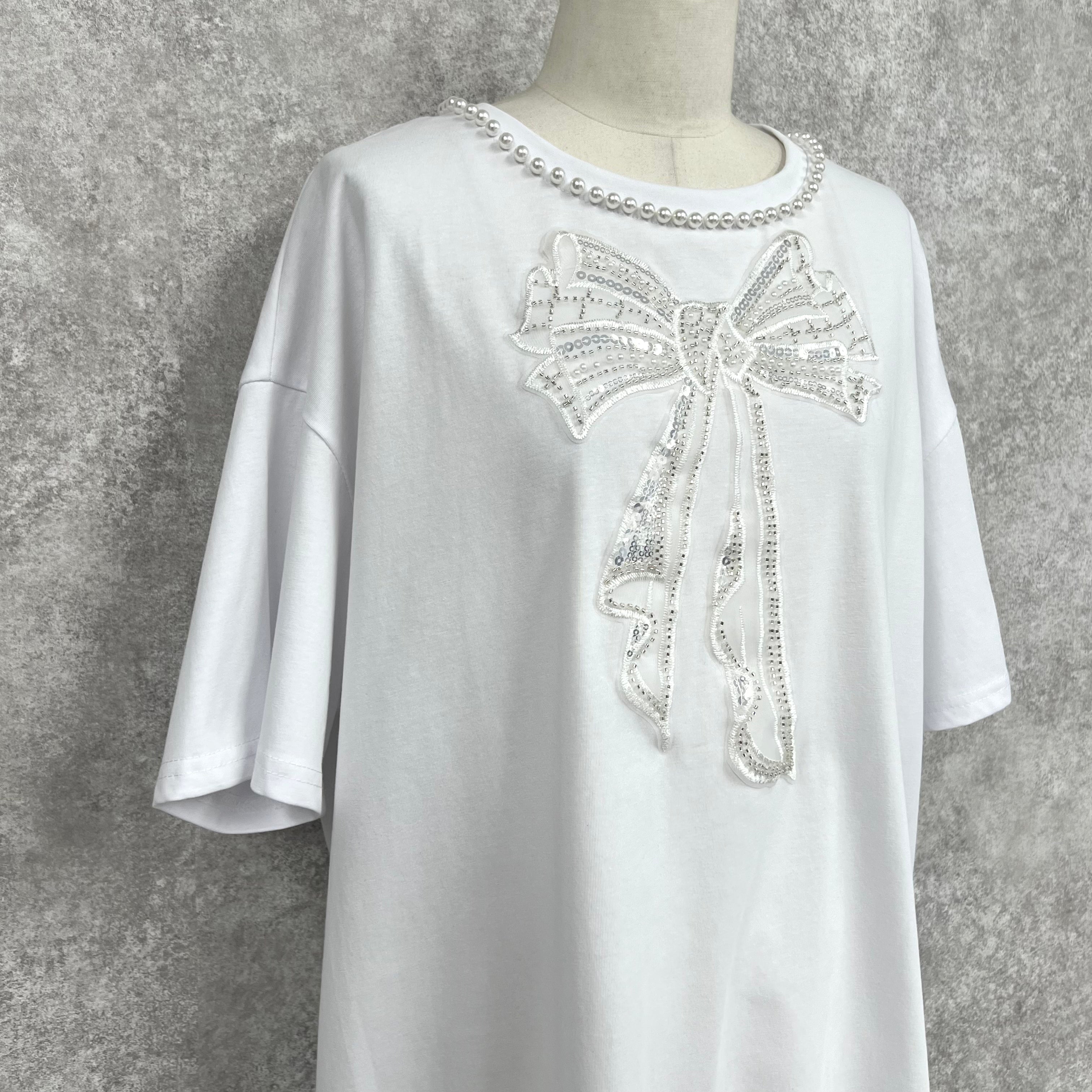 ビーズリボンTシャツ　-ホワイト-　※6/25~7/1迄に順次発送予定