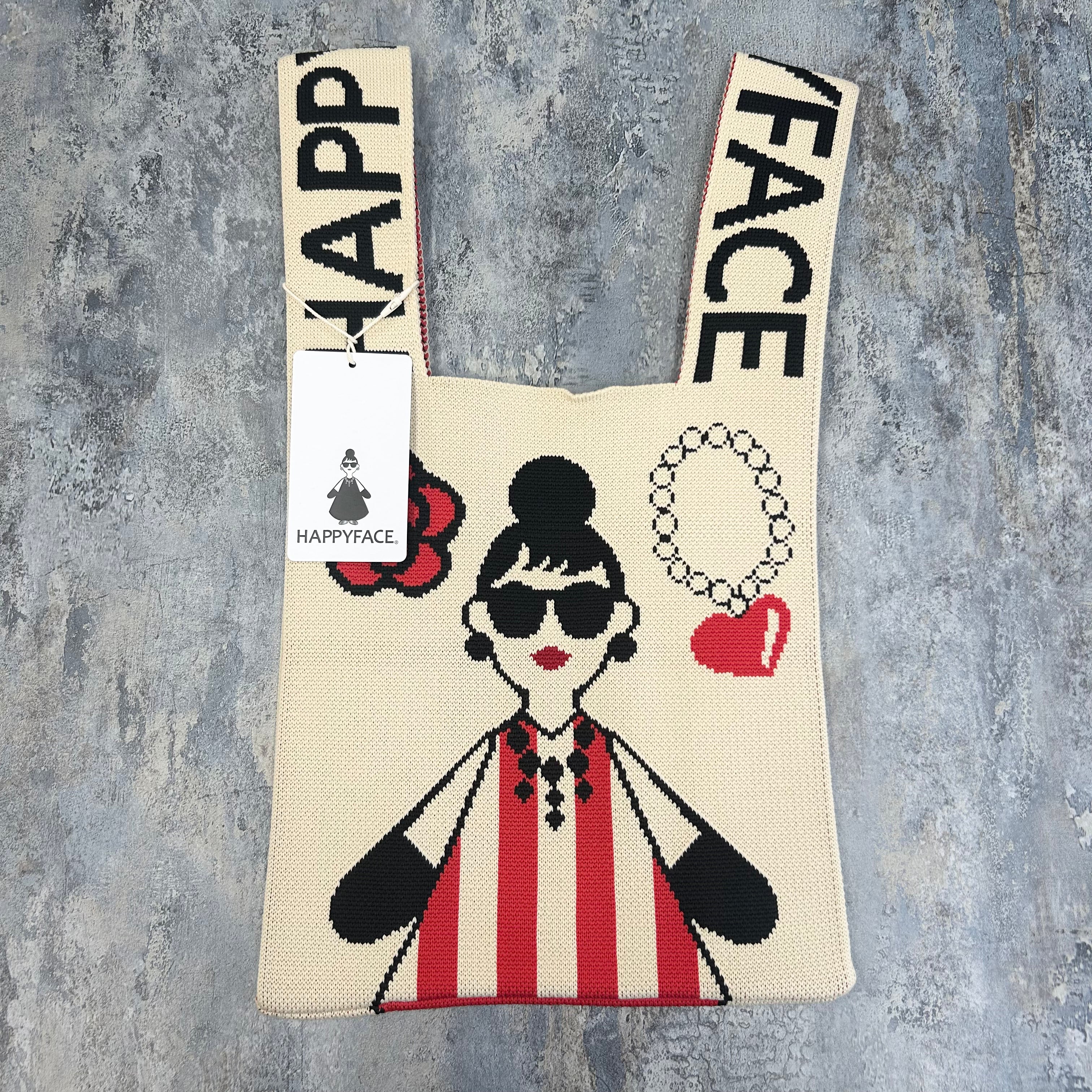 【HAPPYFACE】エマニットバッグ　ロゴとアイコン　レッド　※8/6〜8/12より配送予定