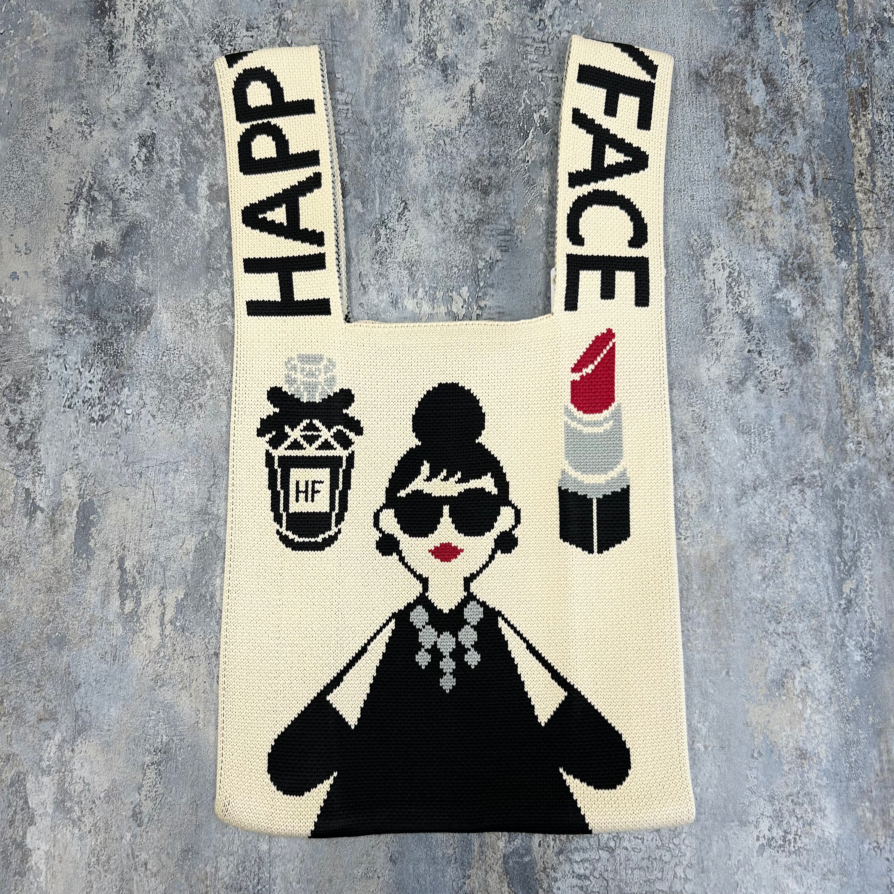 【HAPPYFACE】エマニットバッグ　ロゴとアイコン　ブラック　※8/6〜8/12より順次発送
