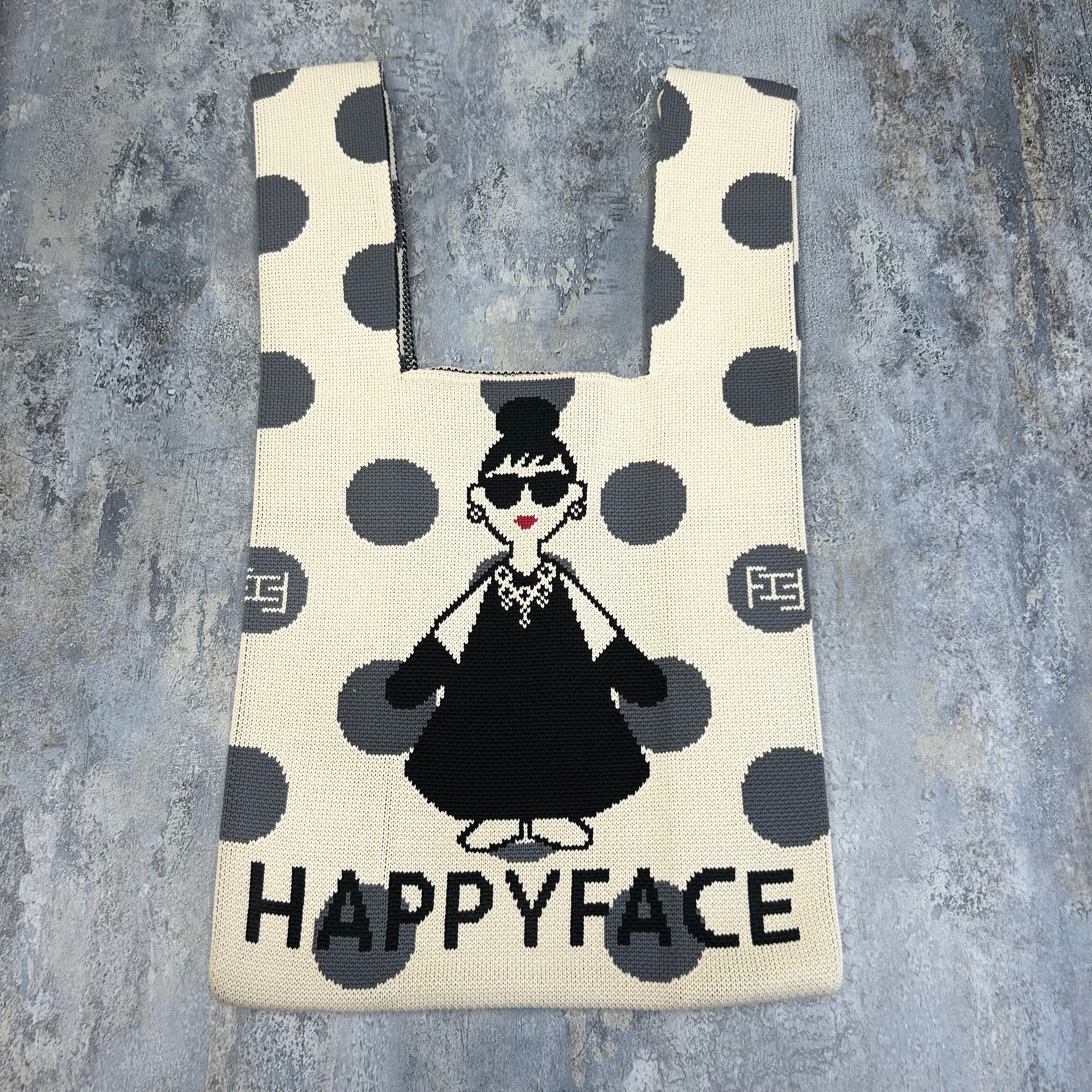 【HAPPYFACE】エマニットバッグ　ドット　チャコール　※8/6〜8/12より順次発送