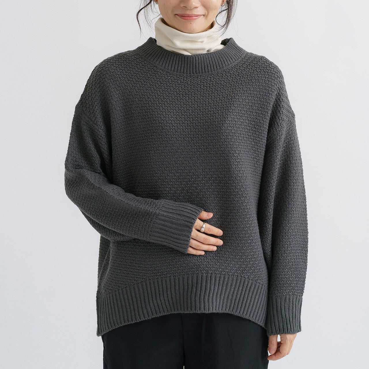 3G鹿の子柄編みニットプルオーバー　-チャコール-　※11/26〜12/2頃より順次発送予定