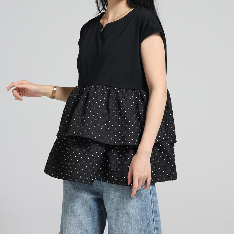 ドット2段フリルTシャツ　-ブラック-　※8/6〜12迄に順次発送予定
