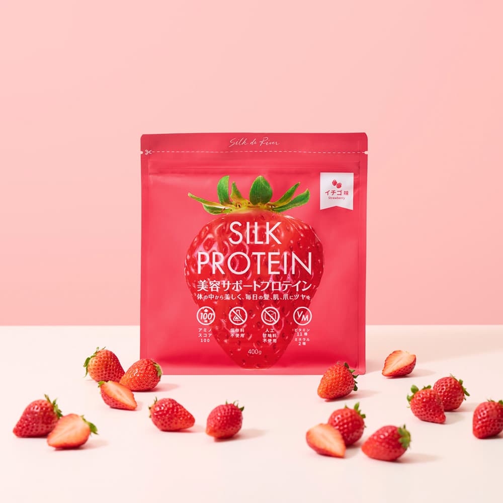 SILK PROTEIN（美容ｻﾎﾟｰﾄﾌﾟﾛﾃｲﾝ）400g ｲﾁｺﾞ味 16.6食分　※8/6~12迄に順次発送予定